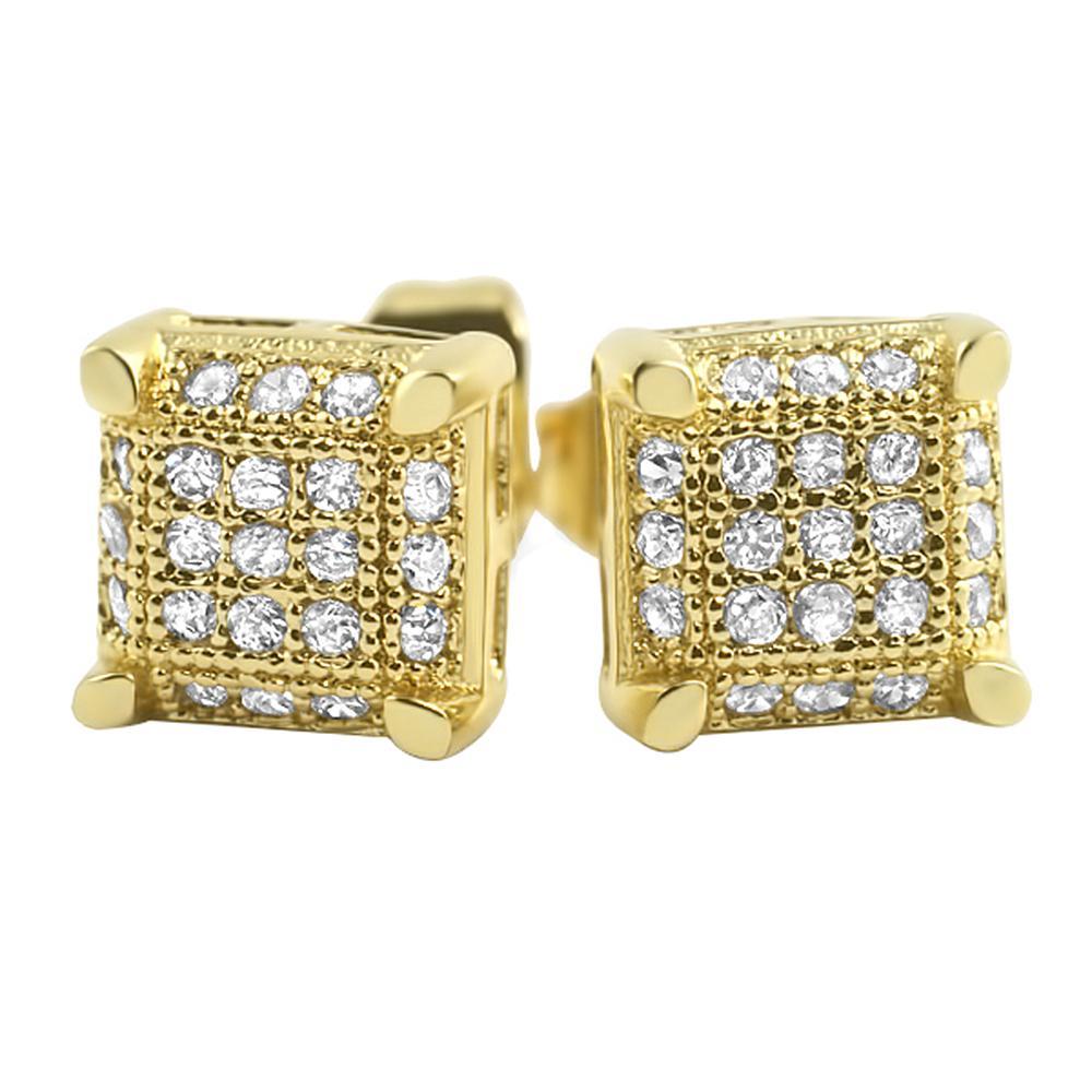 Small Cube CZ Micro Pave Earrings Yellow Gold HipHopBling