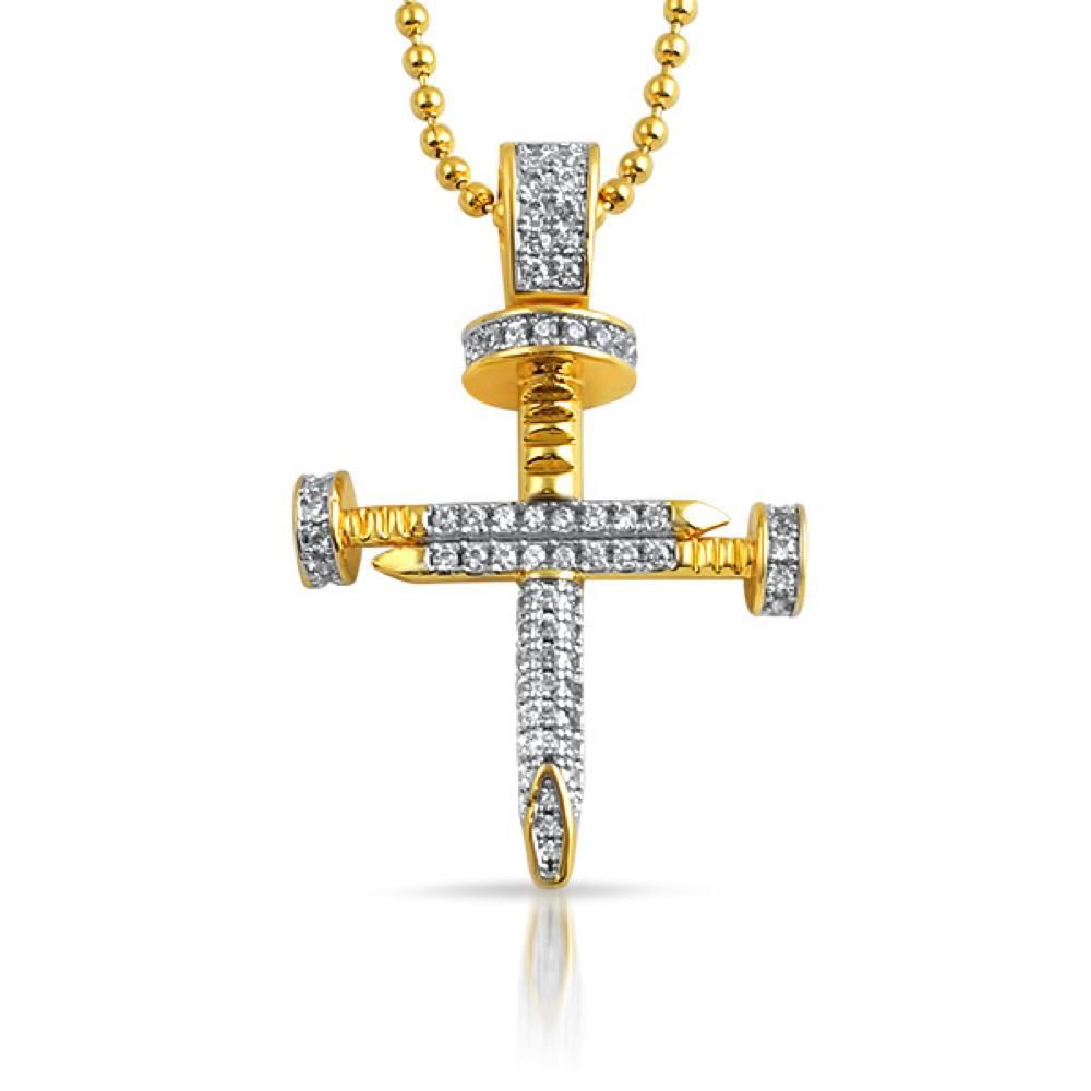 Small Gold CZ 3D Nail Cross Bling Bling Pendant HipHopBling