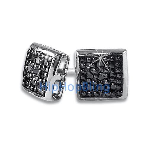 Small Puffed Box Black CZ Micro Pave Earrings .925 Silver HipHopBling