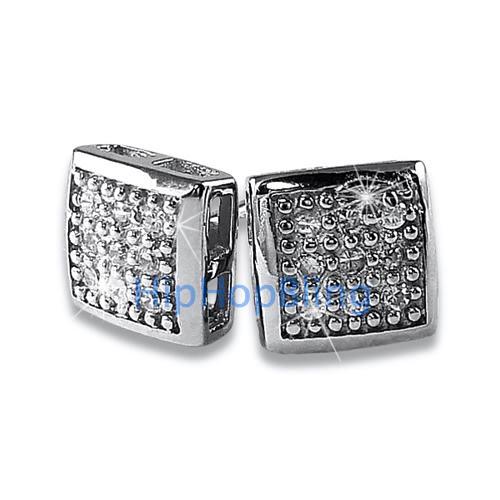 Small Puffed Box CZ Micro Pave Earrings .925 Silver HipHopBling