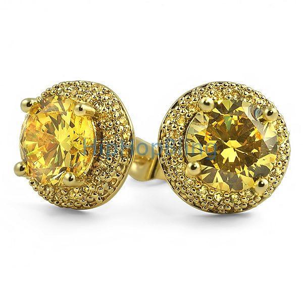 Solitaire Center Micro Pave Border CZ Earrings Lemonade HipHopBling