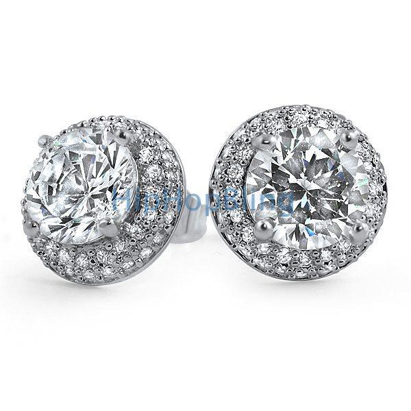 Solitaire Center Micro Pave Border CZ Earrings White Gold HipHopBling