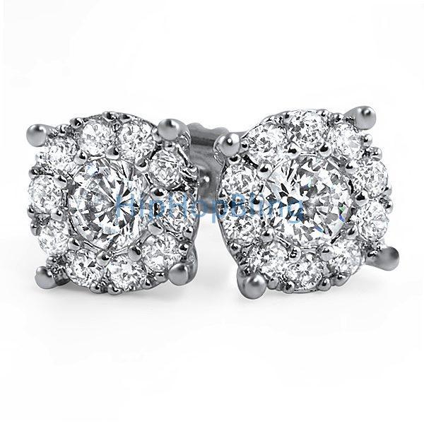 Solitaire Cluster CZ Bling Bling Earrings White Gold HipHopBling