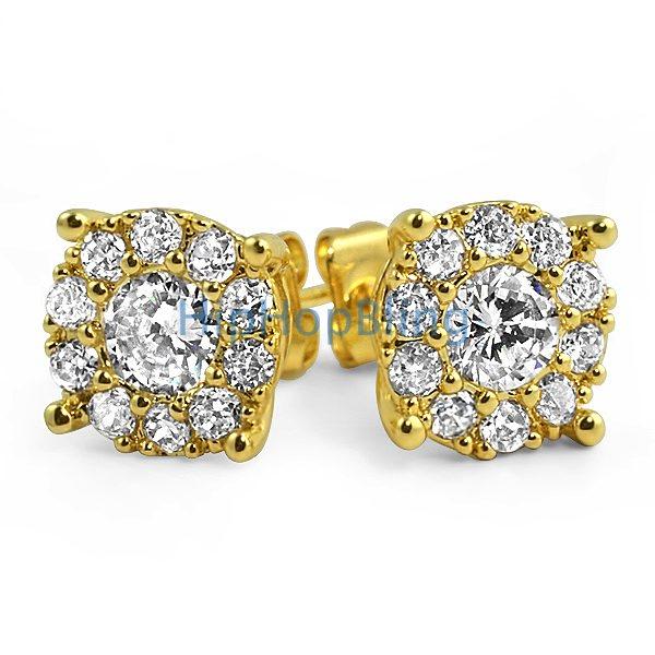 Solitaire Cluster CZ Bling Bling Earrings Yellow Gold HipHopBling