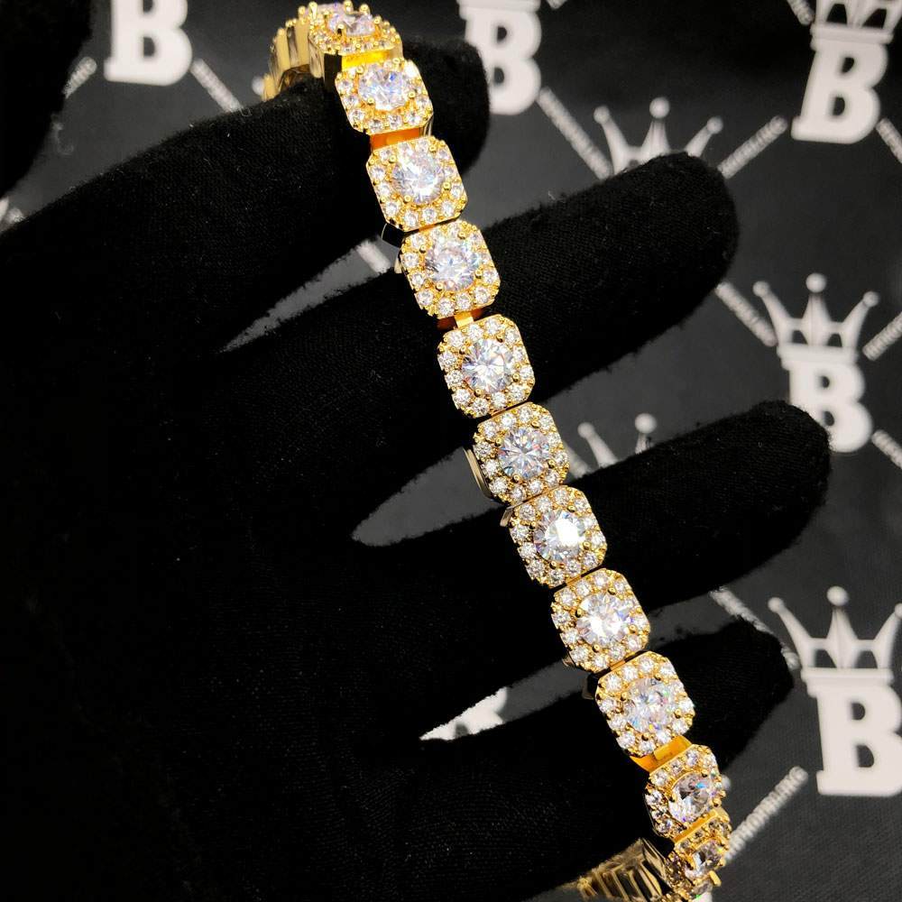 Solitaire Cluster Hip Hop Iced Out Bracelet Yellow Gold 8" HipHopBling