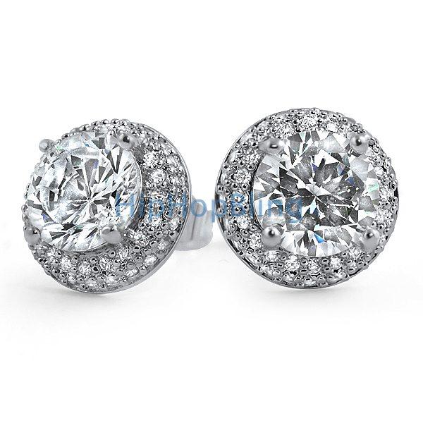 Solitaire CZ Center Micro Pave Border Earrings HipHopBling