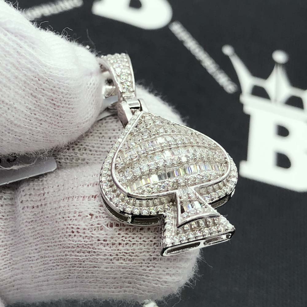 Spade Poker Baguette VVS Moissanite Pendant 1.50cttw .925 Sterling Silver HipHopBling