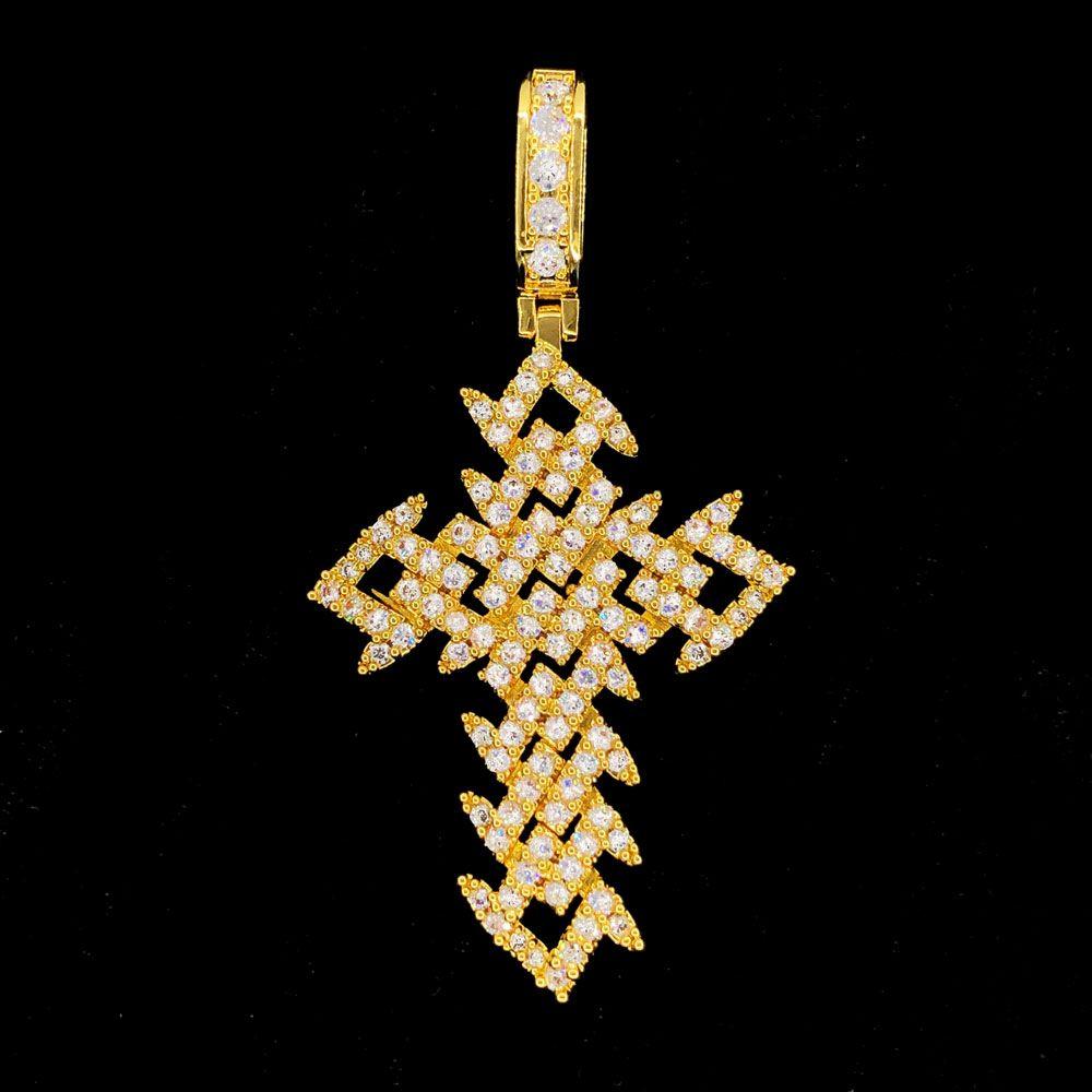 Spiked Cuban Cross Iced Out Hip Hop Pendant Yellow Gold HipHopBling