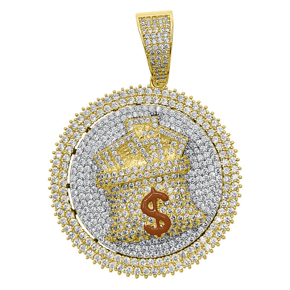 Spinning Money Bag VVS CZ Hip Hop Bling Pendant Yellow Gold HipHopBling