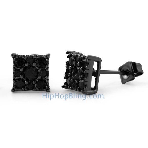 Square Cluster Black CZ Bling Bling Earrings HipHopBling