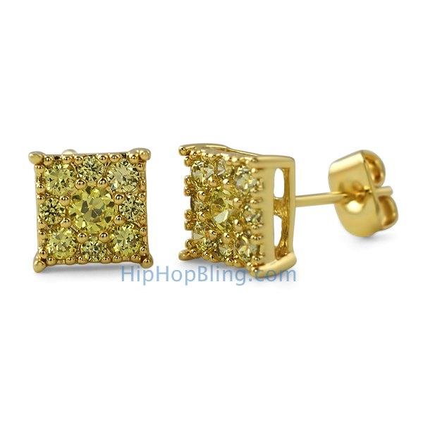 Square Cluster CZ Lemonade Bling Bling Earrings HipHopBling