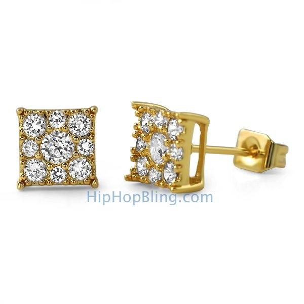 Square Cluster Gold CZ Bling Bling Earrings HipHopBling
