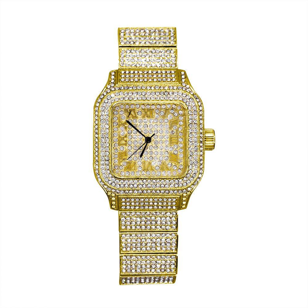 Square Fully Iced Out Bling Hip Hop Watch Yellow Gold HipHopBling