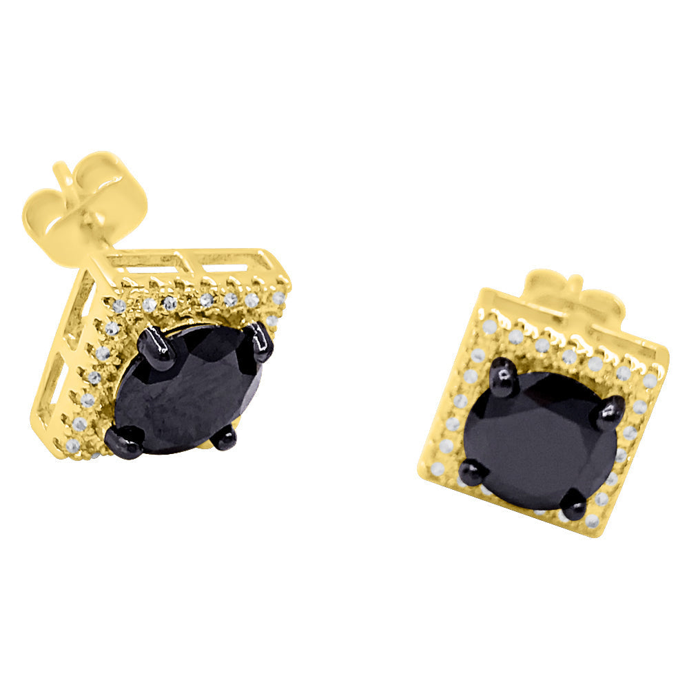 Square Halo Black and Yellow CZ Bling Bling Earrings HipHopBling