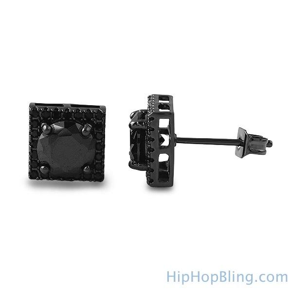 Square Halo Black CZ Bling Bling Earrings HipHopBling