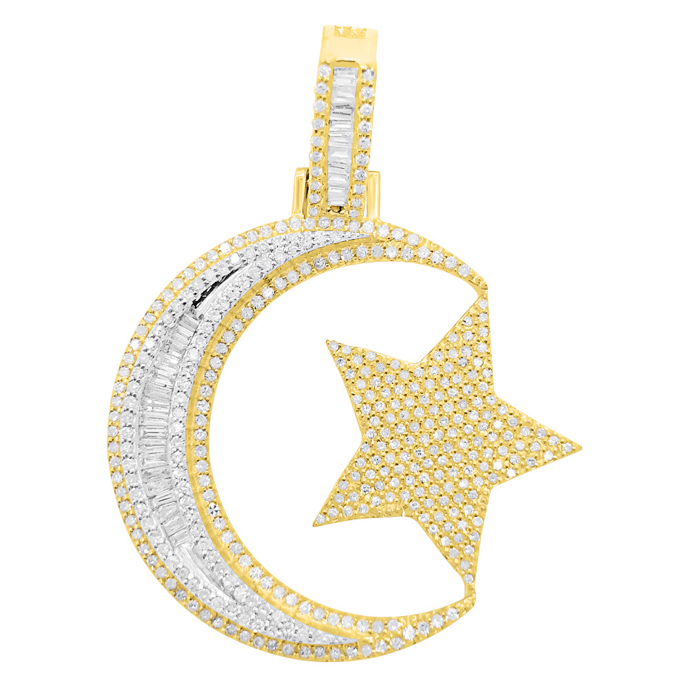 Star and Crescent Baguette Diamond Pendant 1.30cttw 10K Yellow Gold HipHopBling