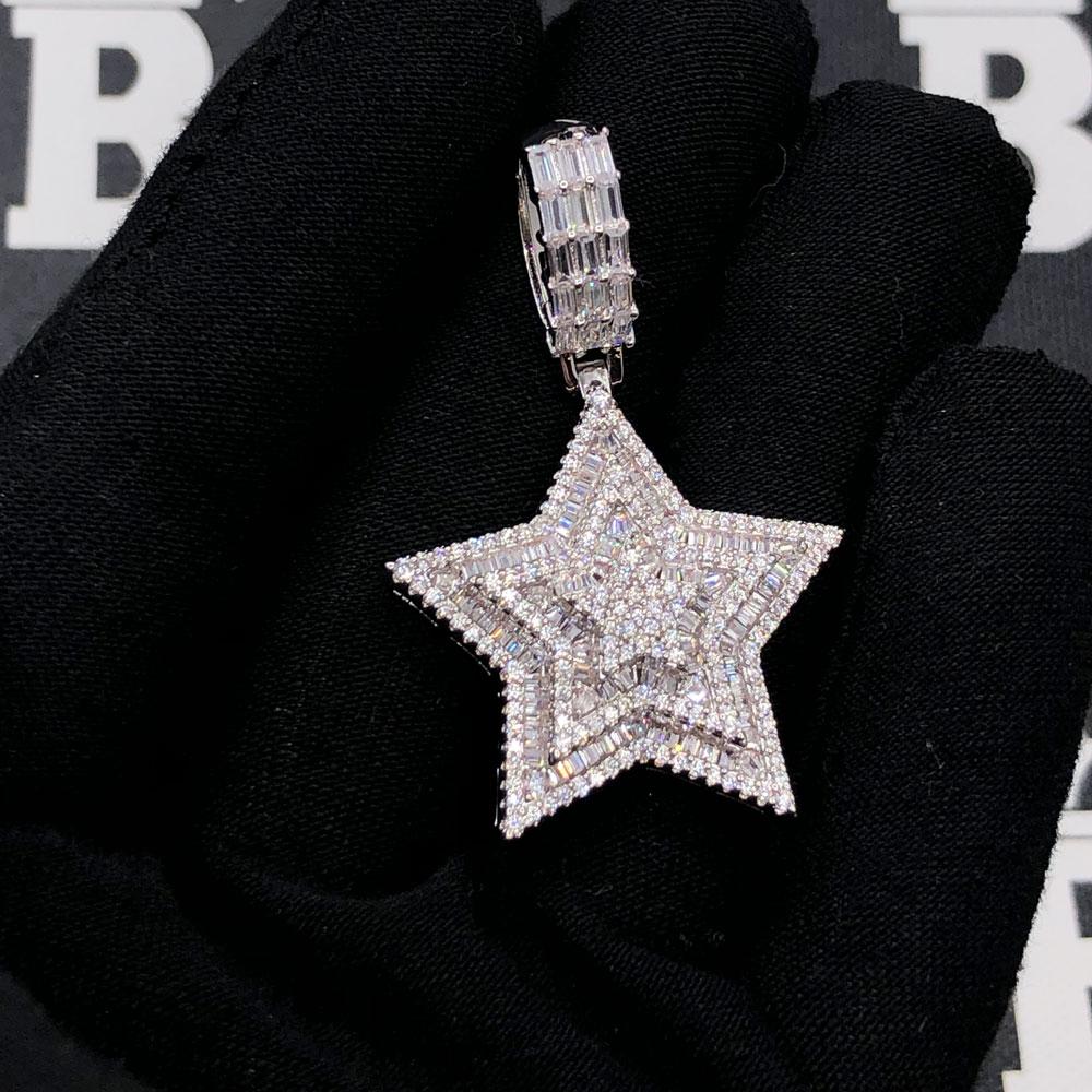 Star Baguette VVS CZ Hip Hop Bling Iced Out Pendant White Gold HipHopBling