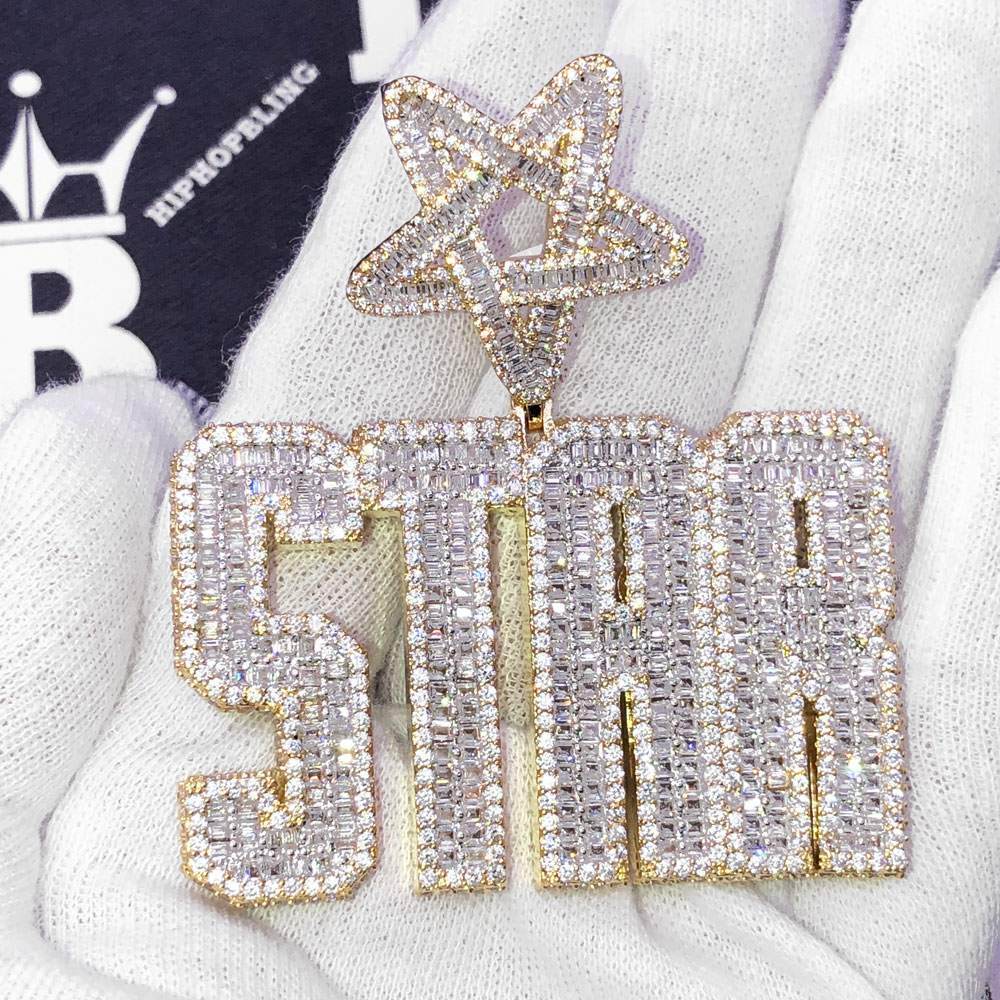 STAR Baguette VVS CZ Hip Hop Iced Out Pendant Yellow Gold HipHopBling