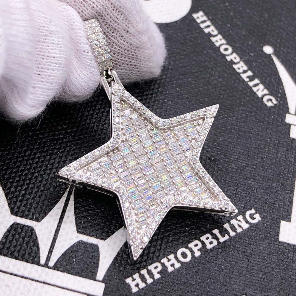 Star Baguette VVS Moissanite Iced Out Pendant .925 Sterling Silver HipHopBling