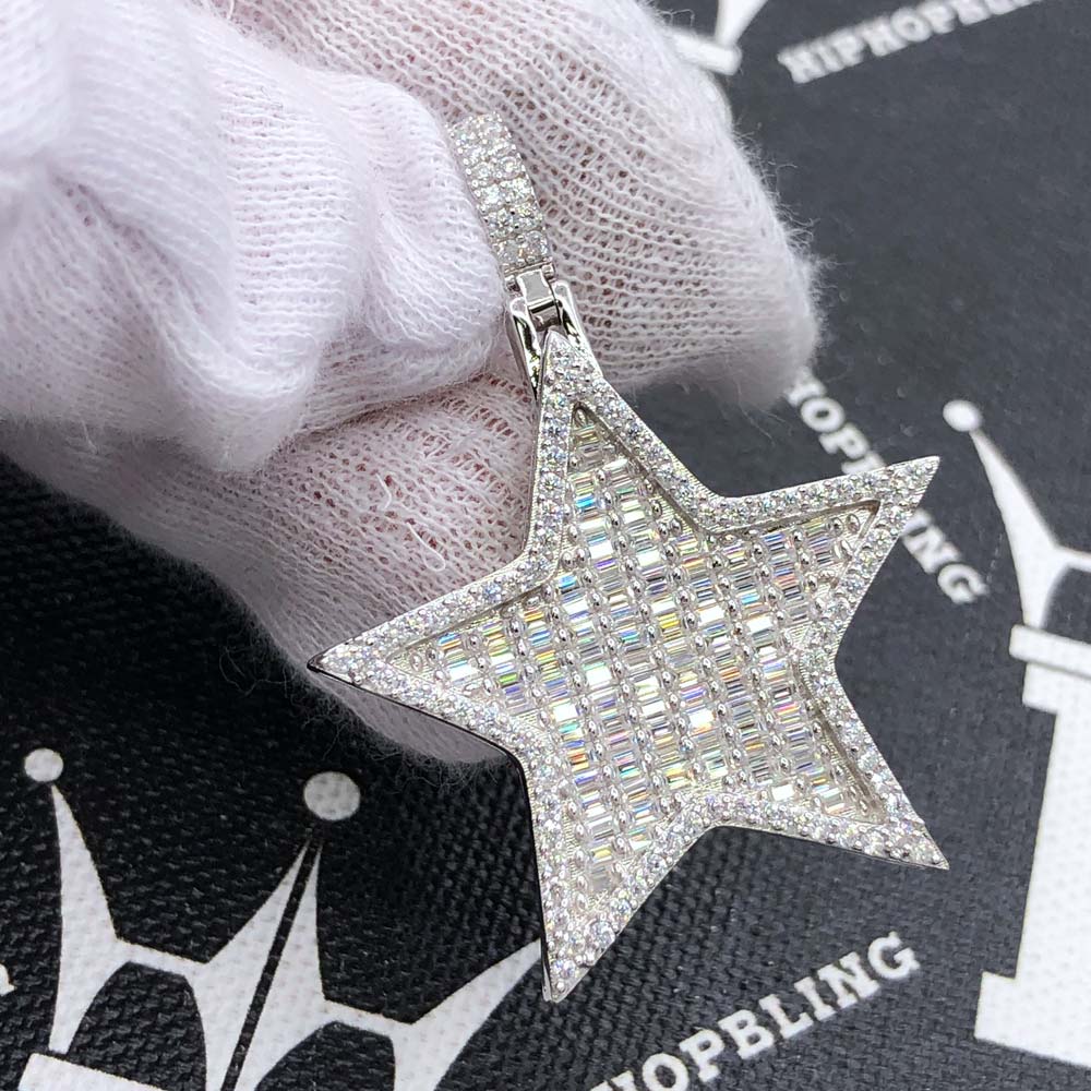 Star Baguette VVS Moissanite Iced Out Pendant .925 Sterling Silver HipHopBling