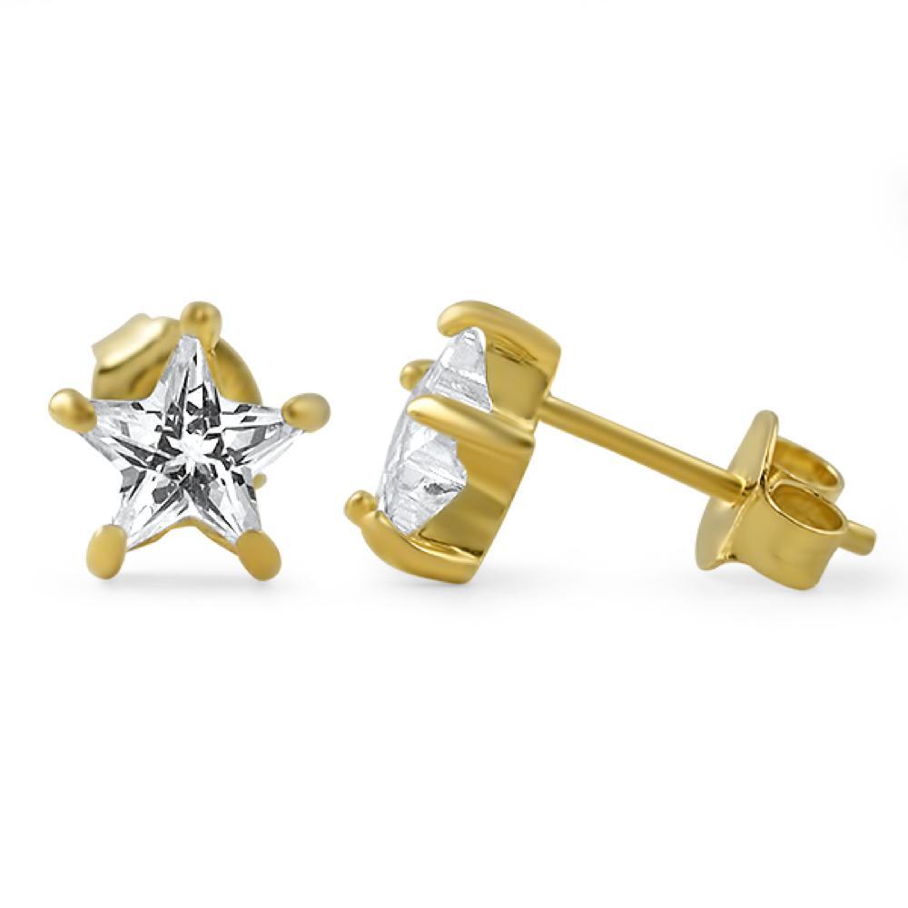 Star Cut CZ Stud Earrings Gold .925 Silver 4MM HipHopBling