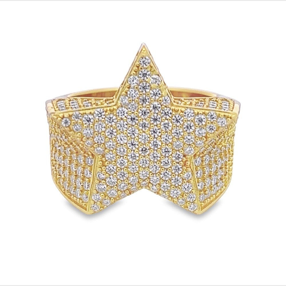 Star Iced Out VVS Moissanite Ring .925 Sterling Silver Yellow Gold 7 HipHopBling