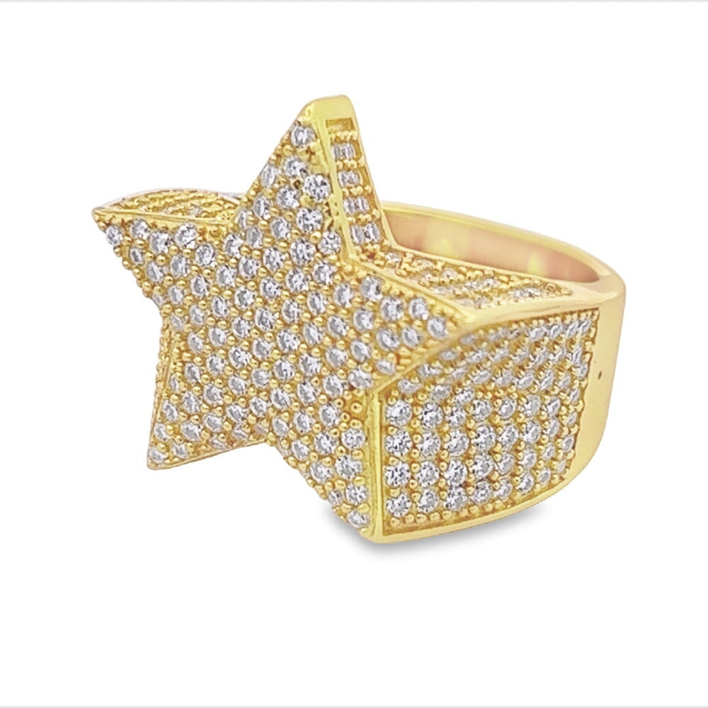 Star Iced Out VVS Moissanite Ring .925 Sterling Silver Yellow Gold 7 HipHopBling
