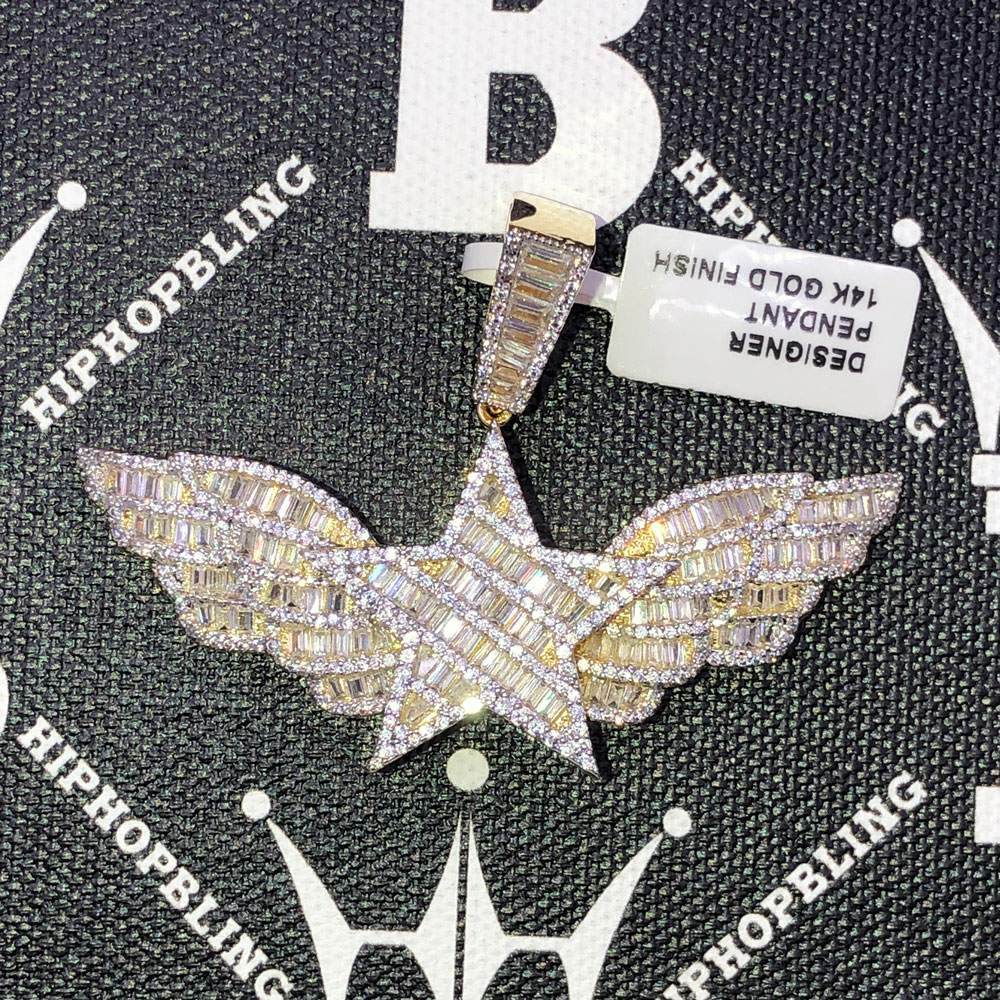 Star Wings Baguette CZ Hip Hop Bling Bling Pendant White Gold HipHopBling