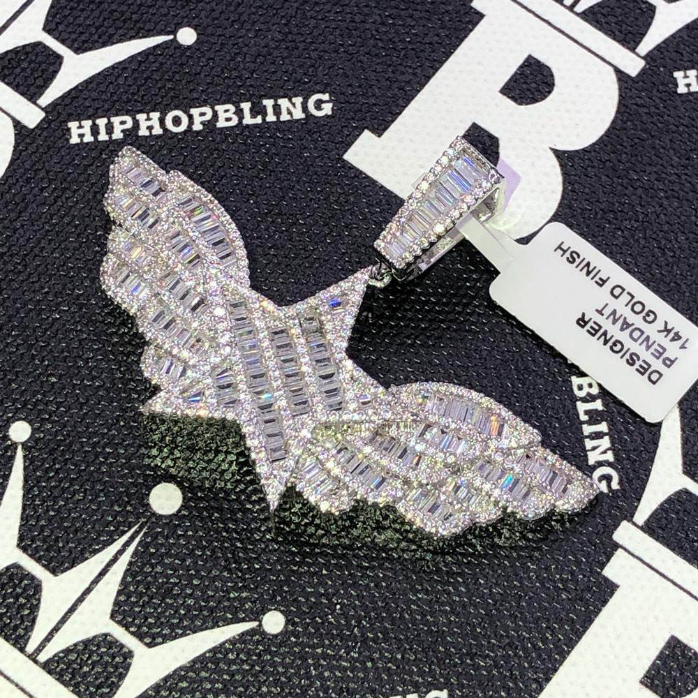 Star Wings Baguette CZ Hip Hop Bling Bling Pendant White Gold HipHopBling