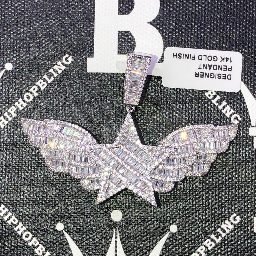 Star Wings Baguette CZ Hip Hop Bling Bling Pendant White Gold HipHopBling