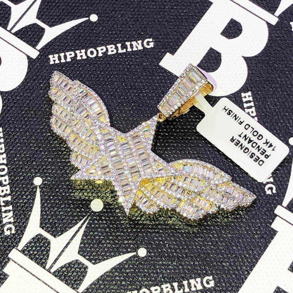 Star Wings Baguette CZ Hip Hop Bling Bling Pendant Yellow Gold HipHopBling