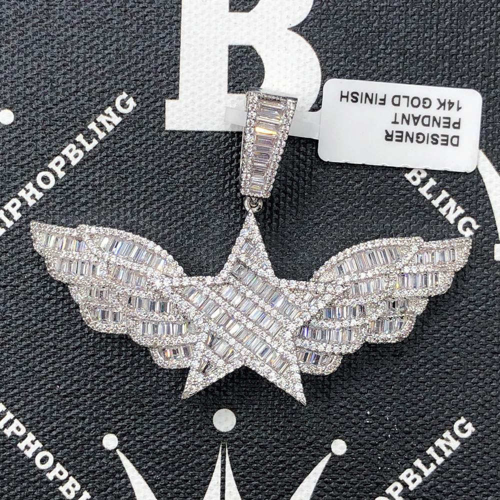 Star Wings Baguette CZ Hip Hop Bling Bling Pendant Yellow Gold HipHopBling