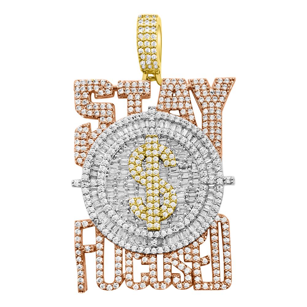 $ Stay Focused 3 Tone VVS CZ Iced Out Pendant 3 Tone HipHopBling