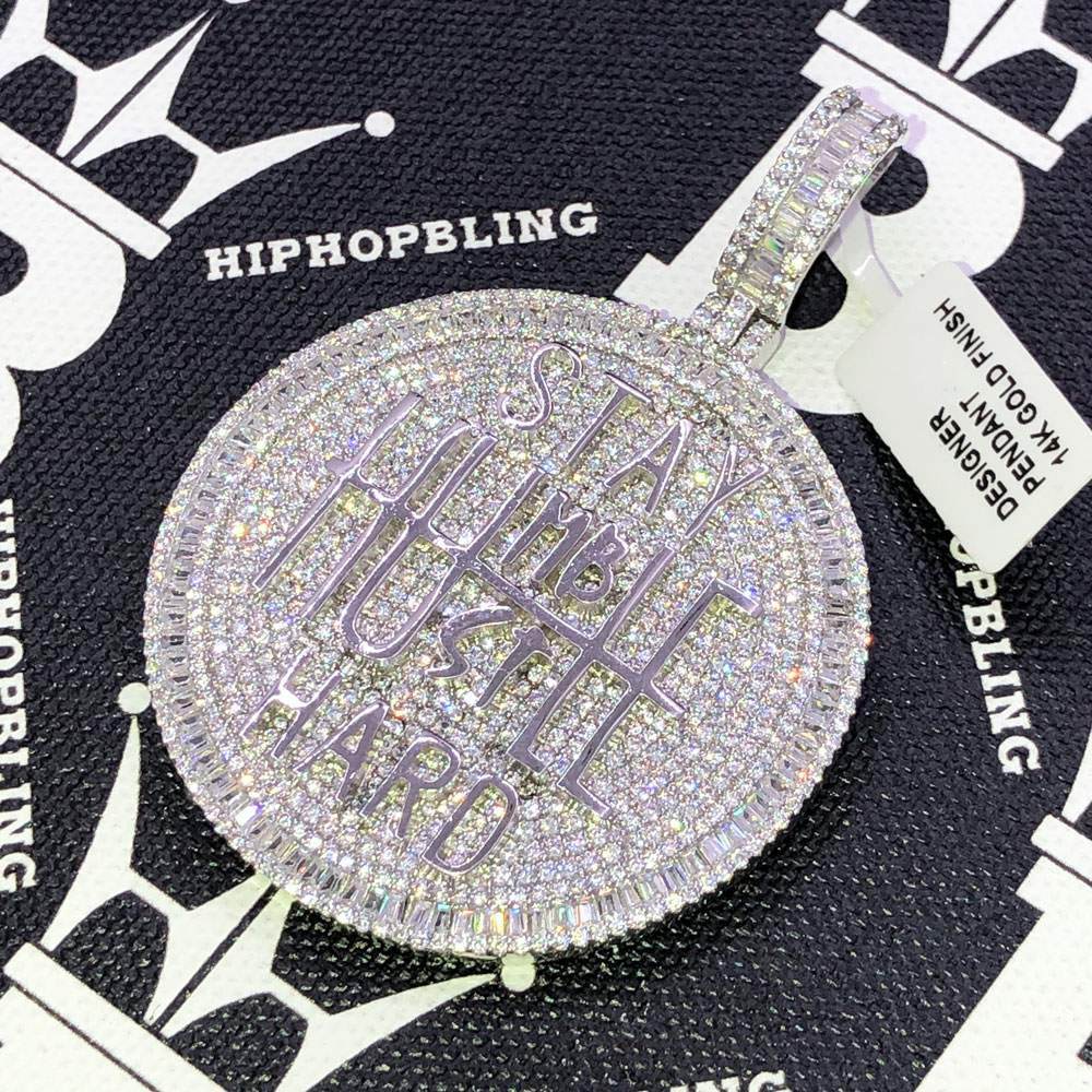 Stay Humble Hustle Hard CZ Hip Hop Bling Bling Pendant White Gold HipHopBling