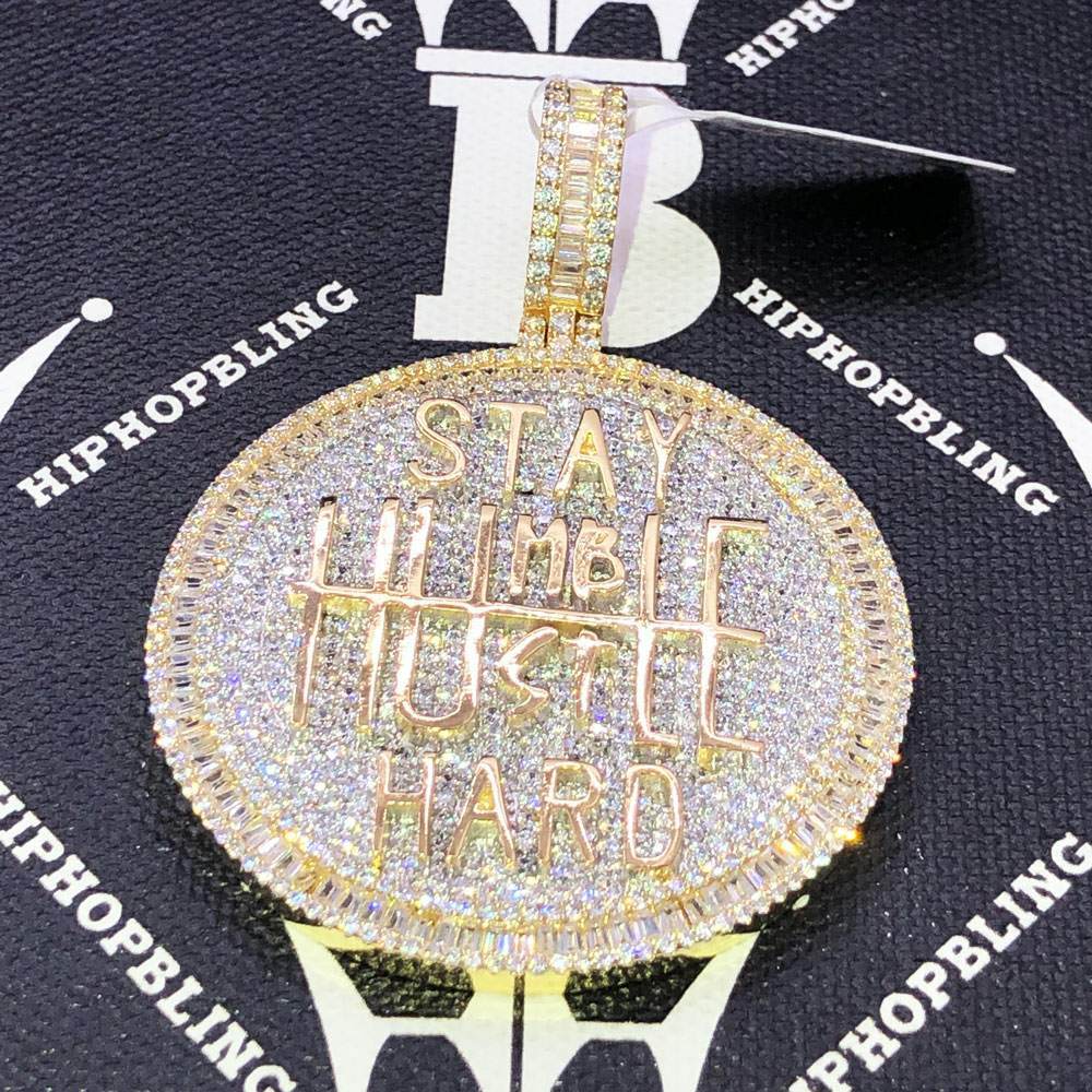 Stay Humble Hustle Hard CZ Hip Hop Bling Bling Pendant Yellow Gold HipHopBling
