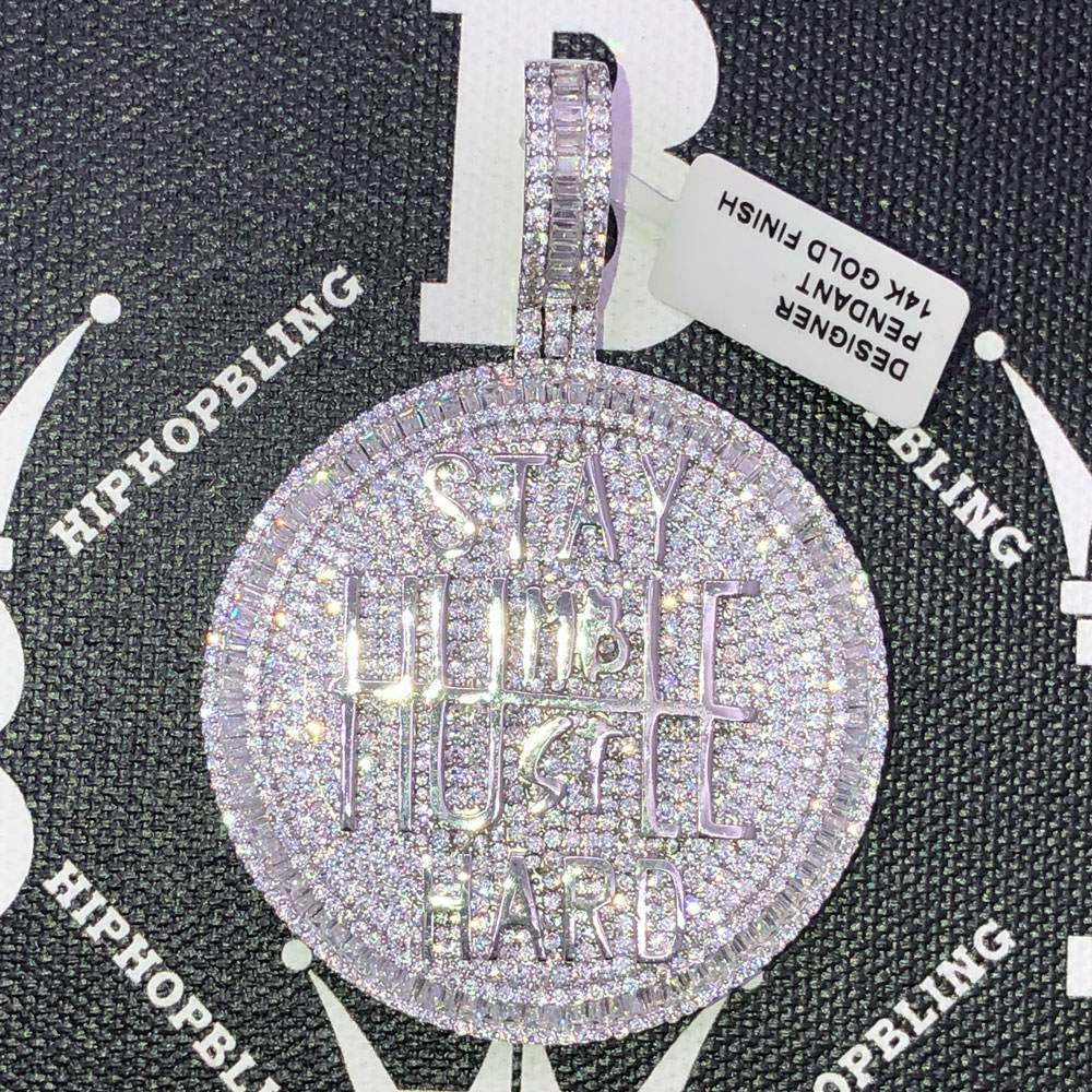 Stay Humble Hustle Hard CZ Hip Hop Bling Bling Pendant Yellow Gold HipHopBling
