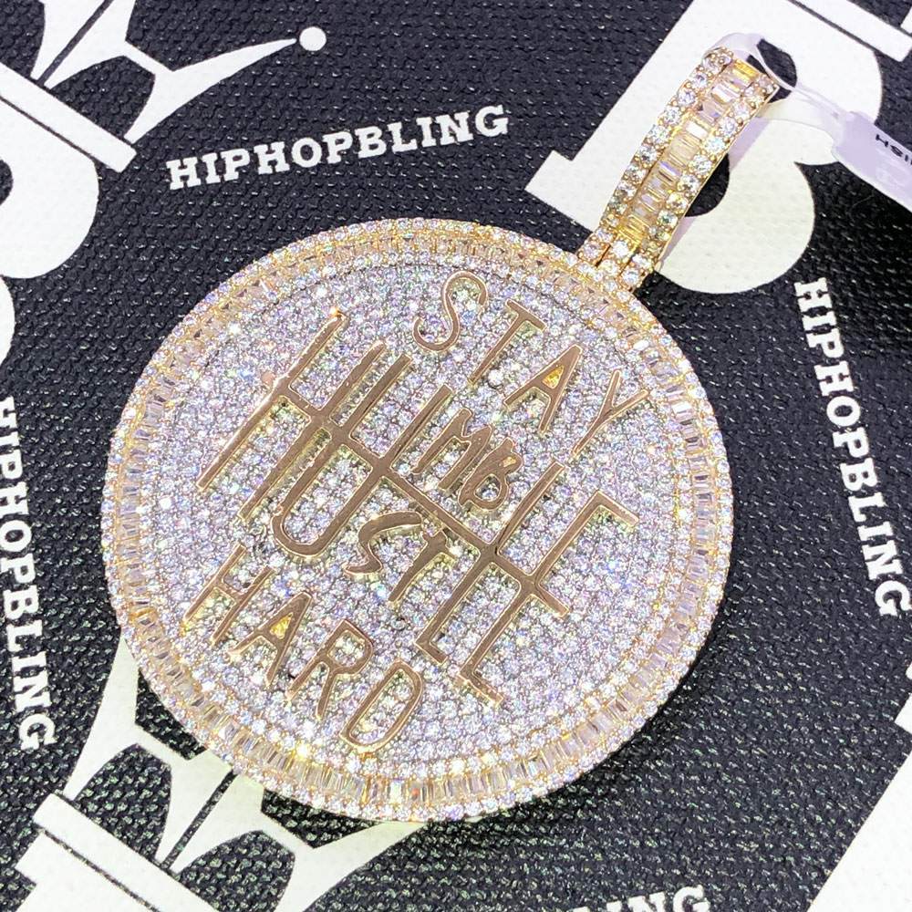 Stay Humble Hustle Hard CZ Hip Hop Bling Bling Pendant Yellow Gold HipHopBling