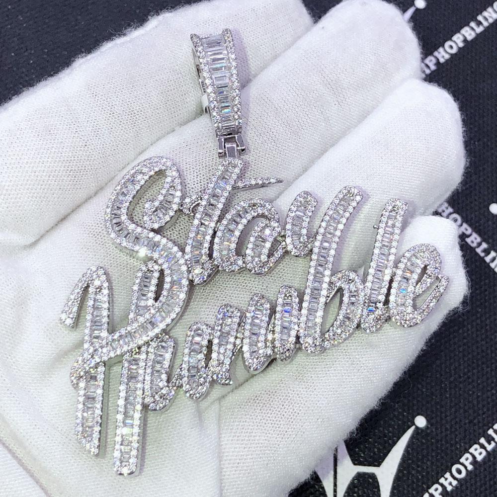 Stay Humble Script Baguette CZ Hip Hop Bling Pendant Yellow Gold HipHopBling