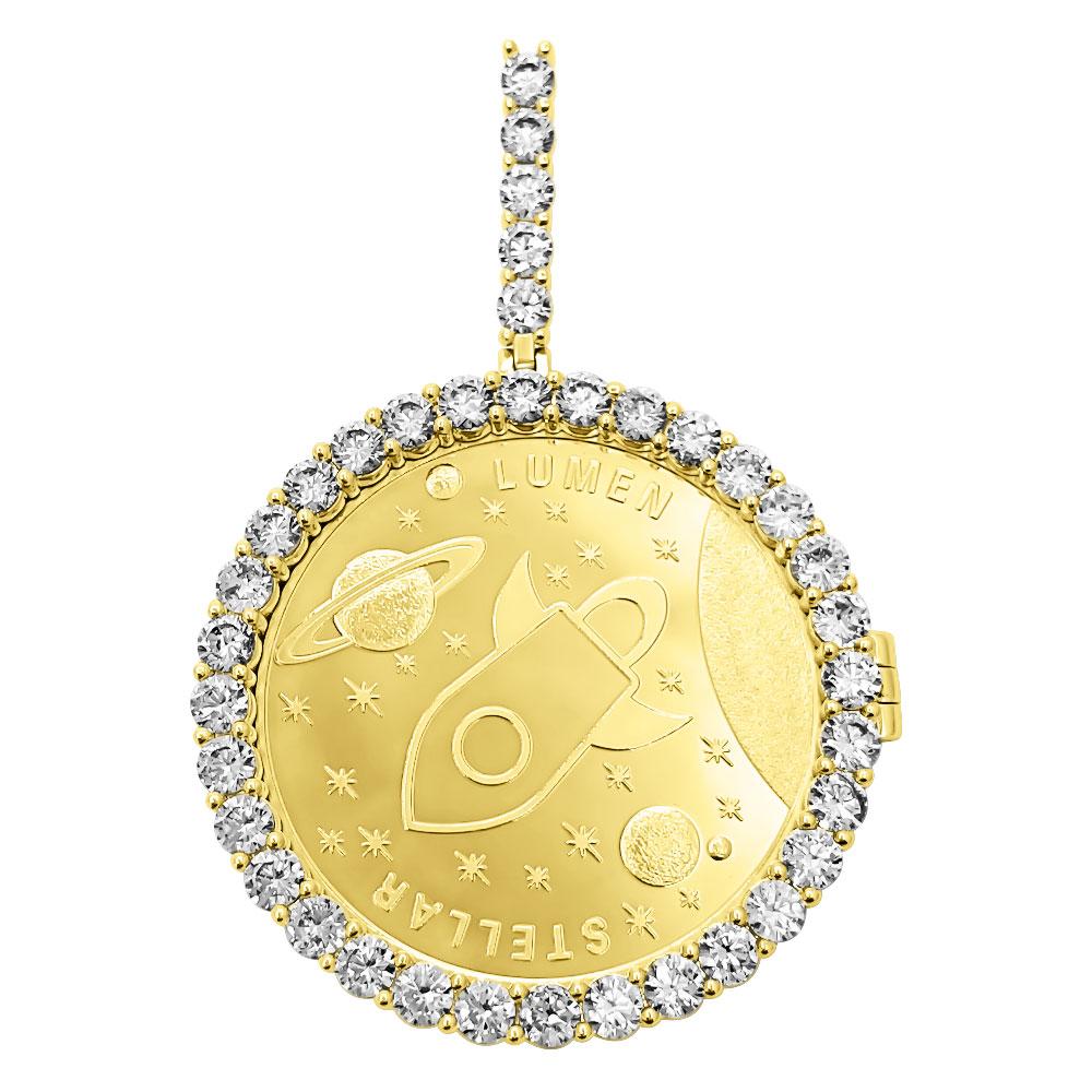 Stellar Lumens XLM Coin Iced Out Frame Pendant Yellow Gold Tennis CZ Frame HipHopBling
