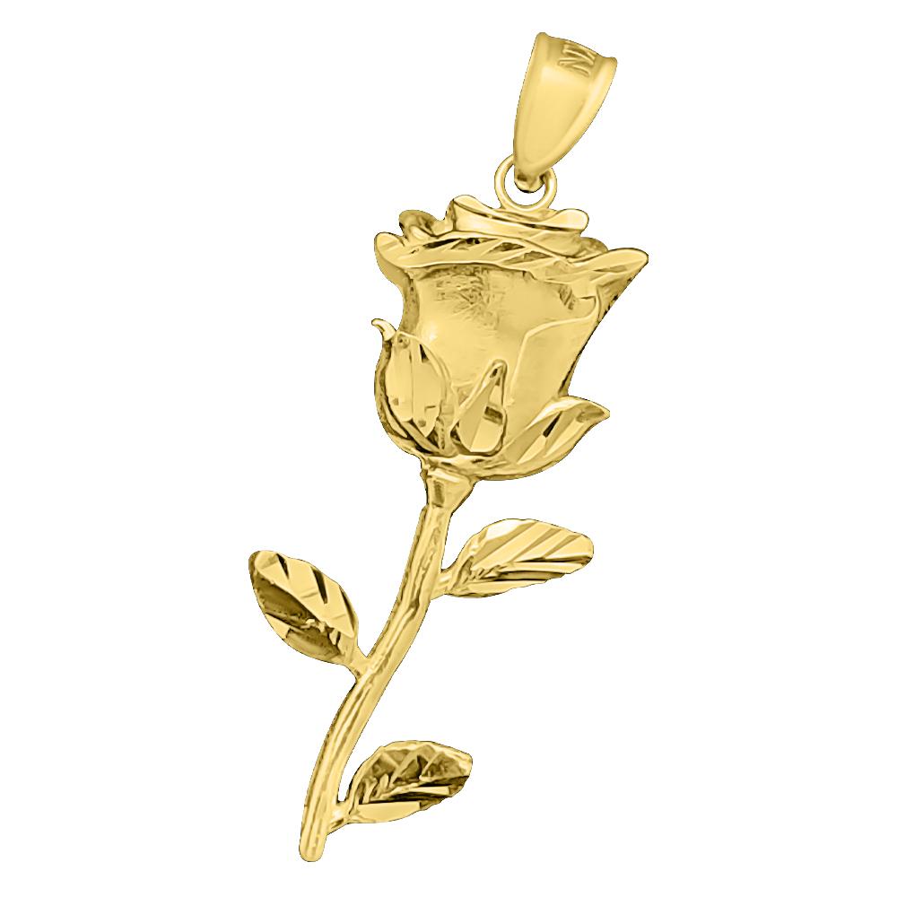 Stem Rose Pattern DC 10K Yellow Gold Pendant HipHopBling