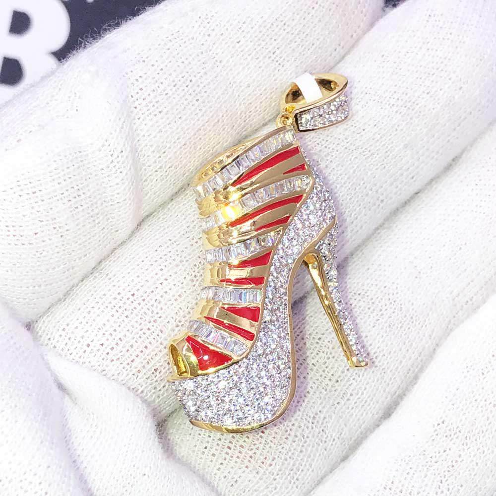 Stiletto High Heel 3D Shoe CZ Hip Hop Bling Bling Pendant Yellow Gold HipHopBling
