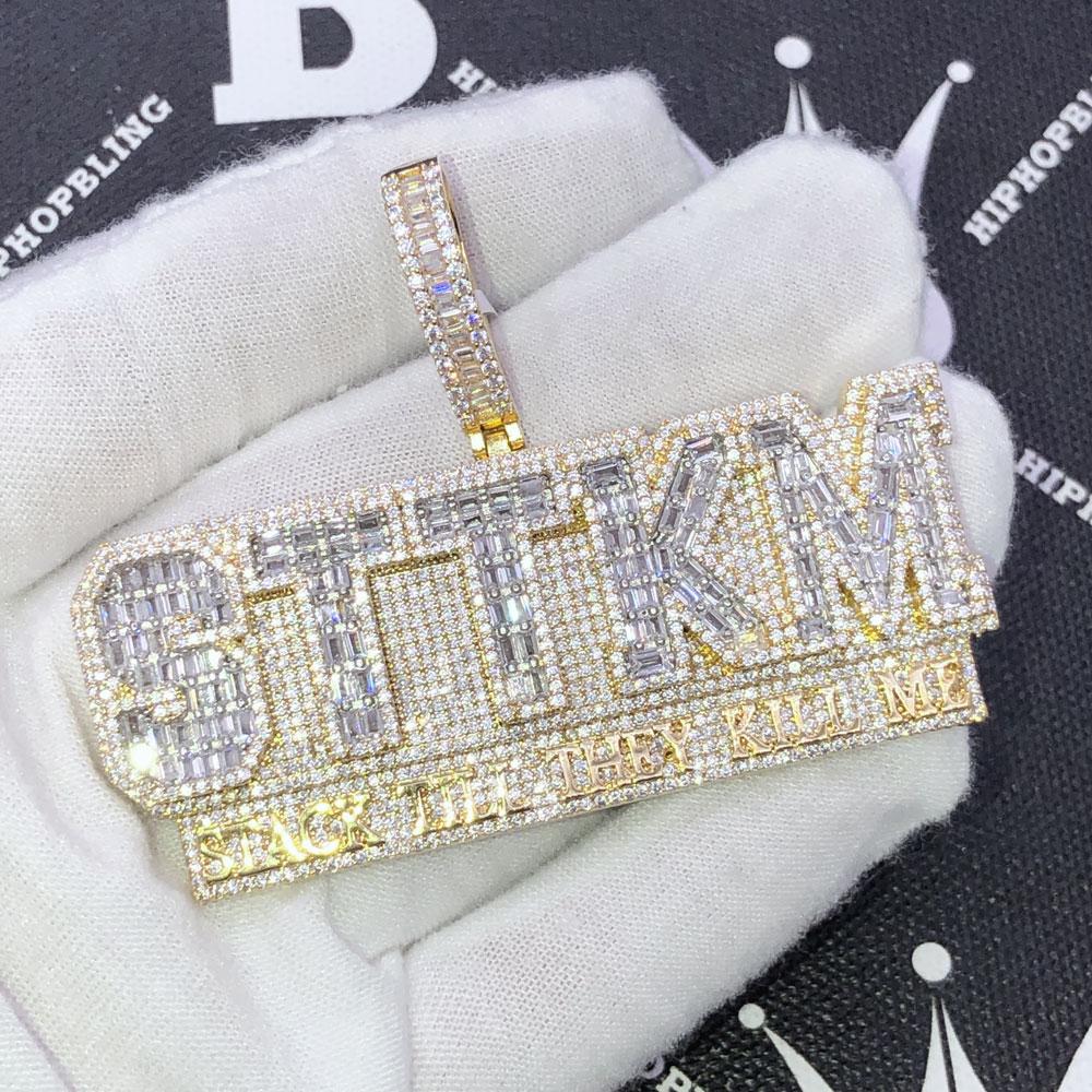 STTKM Stack Till They Kill Me Baguette CZ Iced Out Pendant Yellow Gold HipHopBling