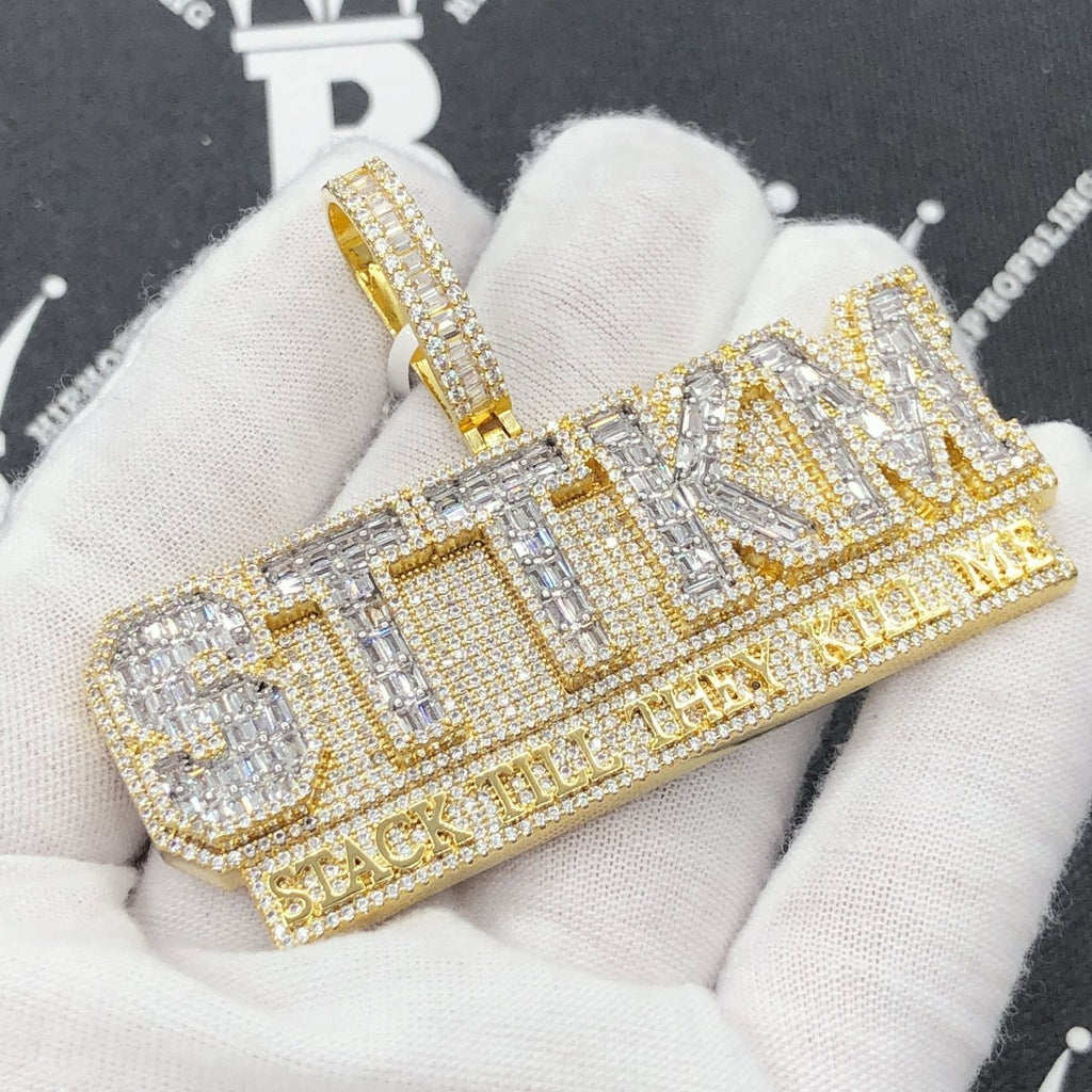 STTKM Stack Till They Kill Me Baguette CZ Iced Out Pendant Yellow Gold HipHopBling