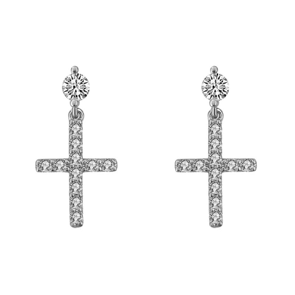 Stud Dangling Tennis Cross CZ Iced Out Earrings .925 Silver White Gold HipHopBling