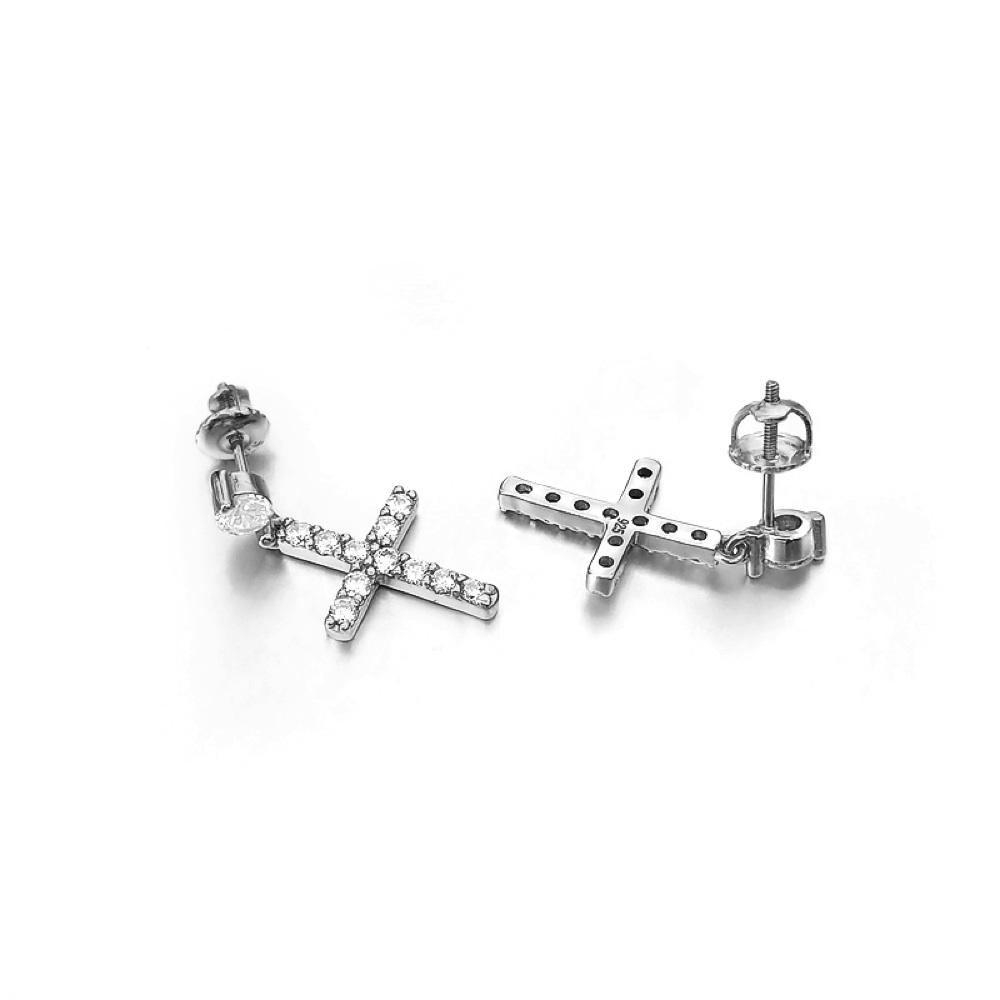 Stud Dangling Tennis Cross CZ Iced Out Earrings .925 Silver White Gold HipHopBling