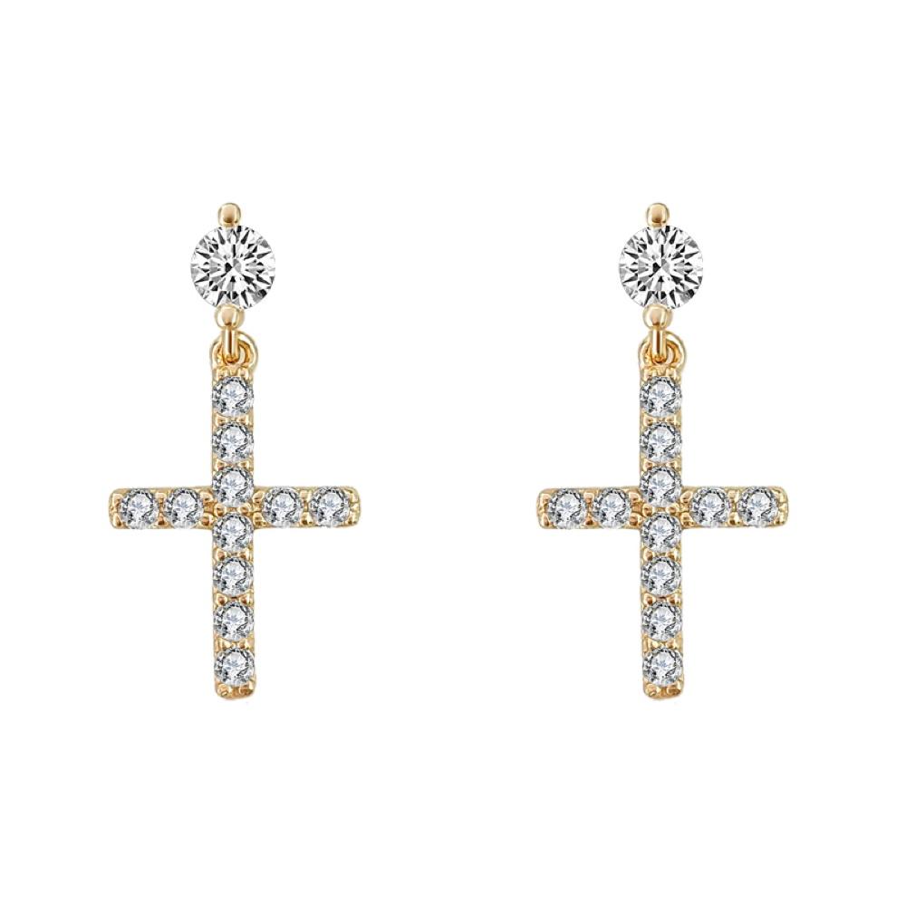 Stud Dangling Tennis Cross CZ Iced Out Earrings .925 Silver Yellow Gold HipHopBling