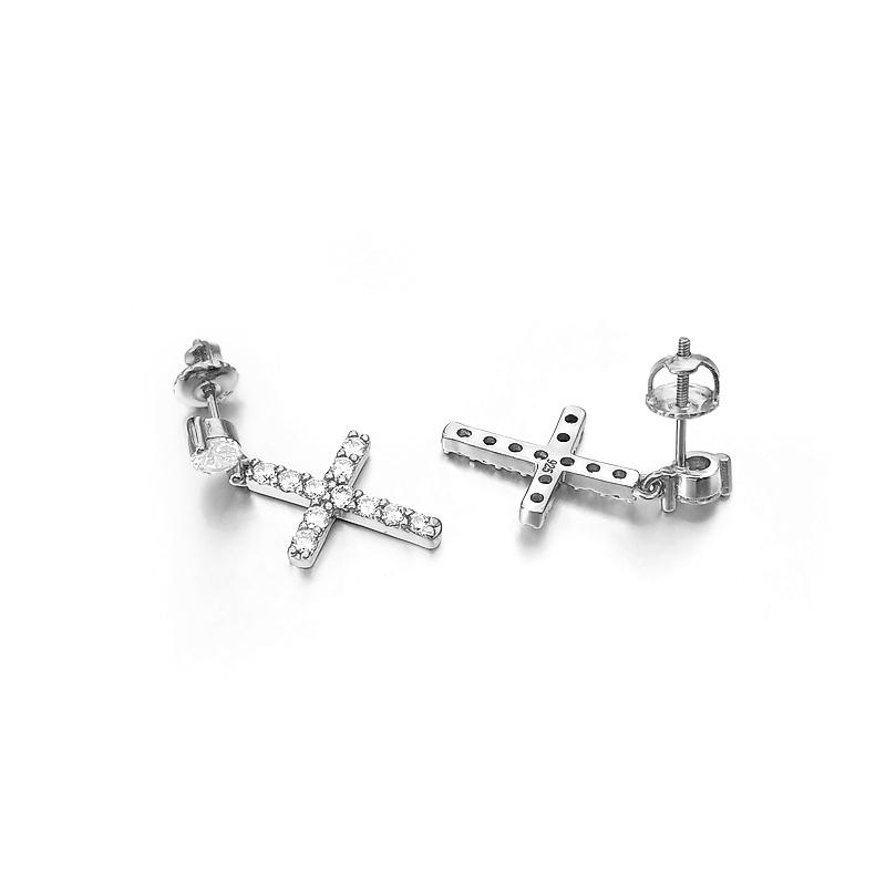 Stud Dangling Tennis Cross VVS Moissanite Earrings .925 Sterling Silver White Gold HipHopBling