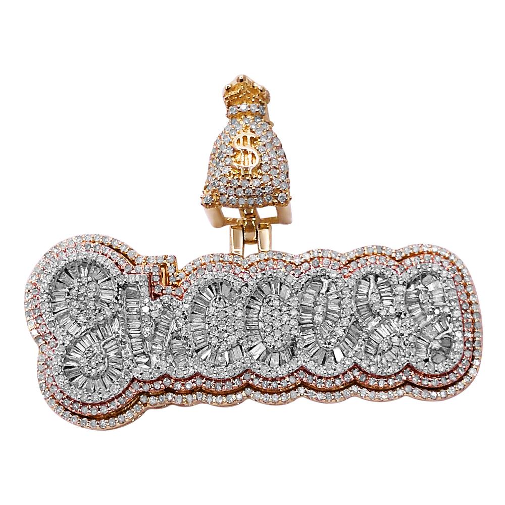 Success Cursive Baguette Diamond Pendant 2.25cttw 3 Tone 10K Gold HipHopBling