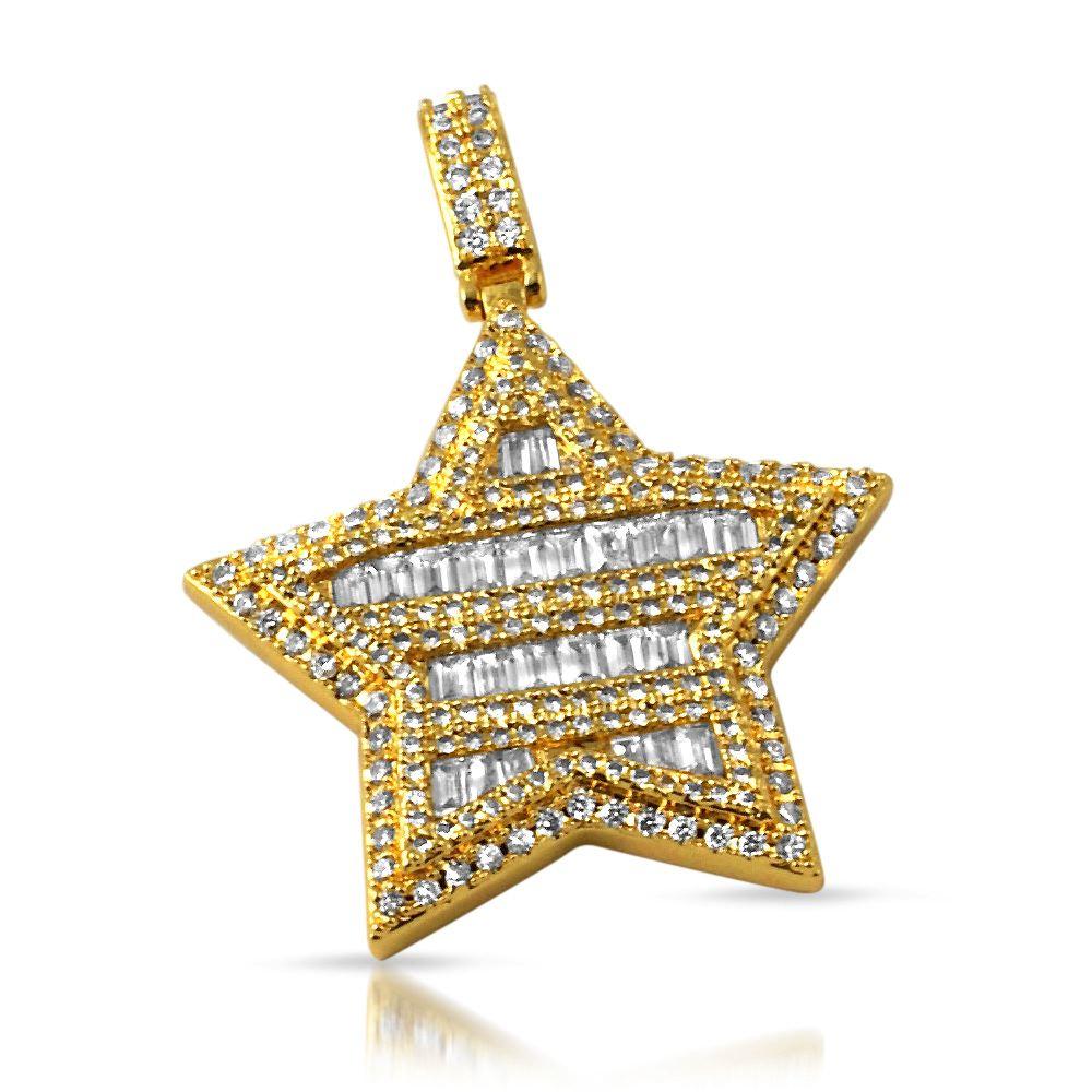 Super Star Baguette CZ Bling Bling Pendant in Gold HipHopBling