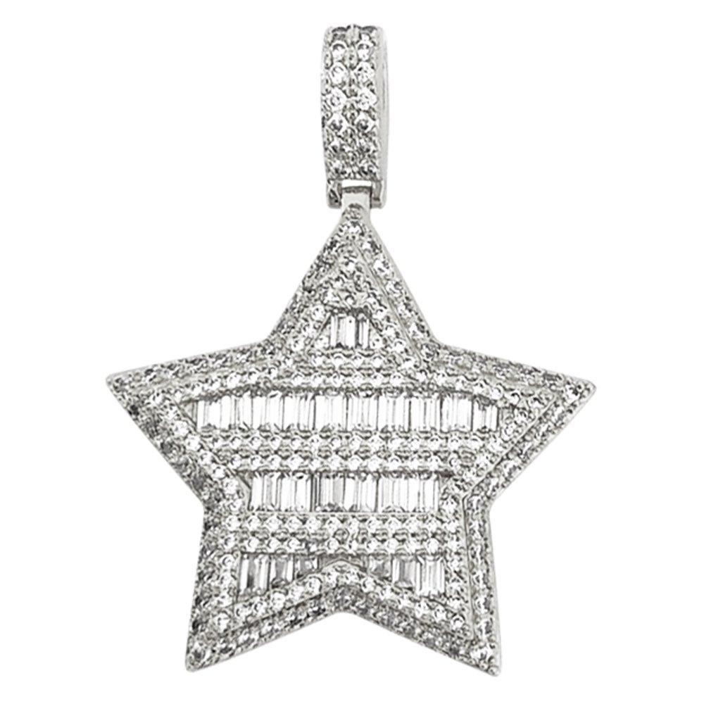 Super Star Baguette CZ Bling Bling Pendant in Rhodium HipHopBling